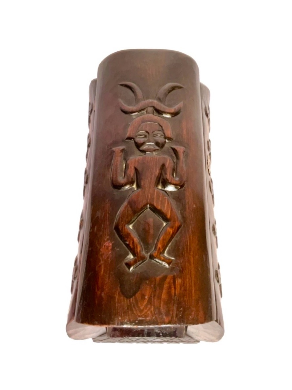 Vintage Large Hand Carved Wooden Tribal/Folk Art Hinged Trinket  Box Curved Lid